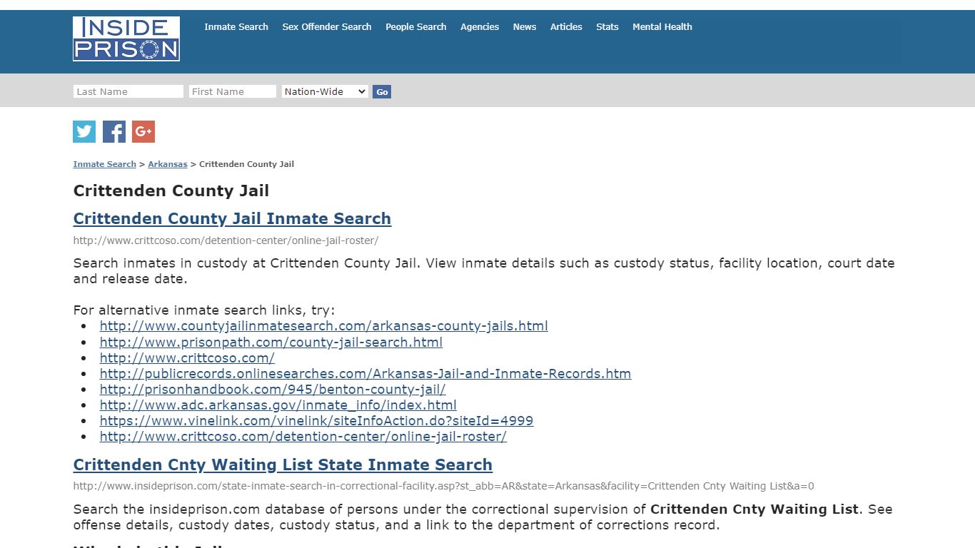 Crittenden County Jail - Arkansas - Inmate Search